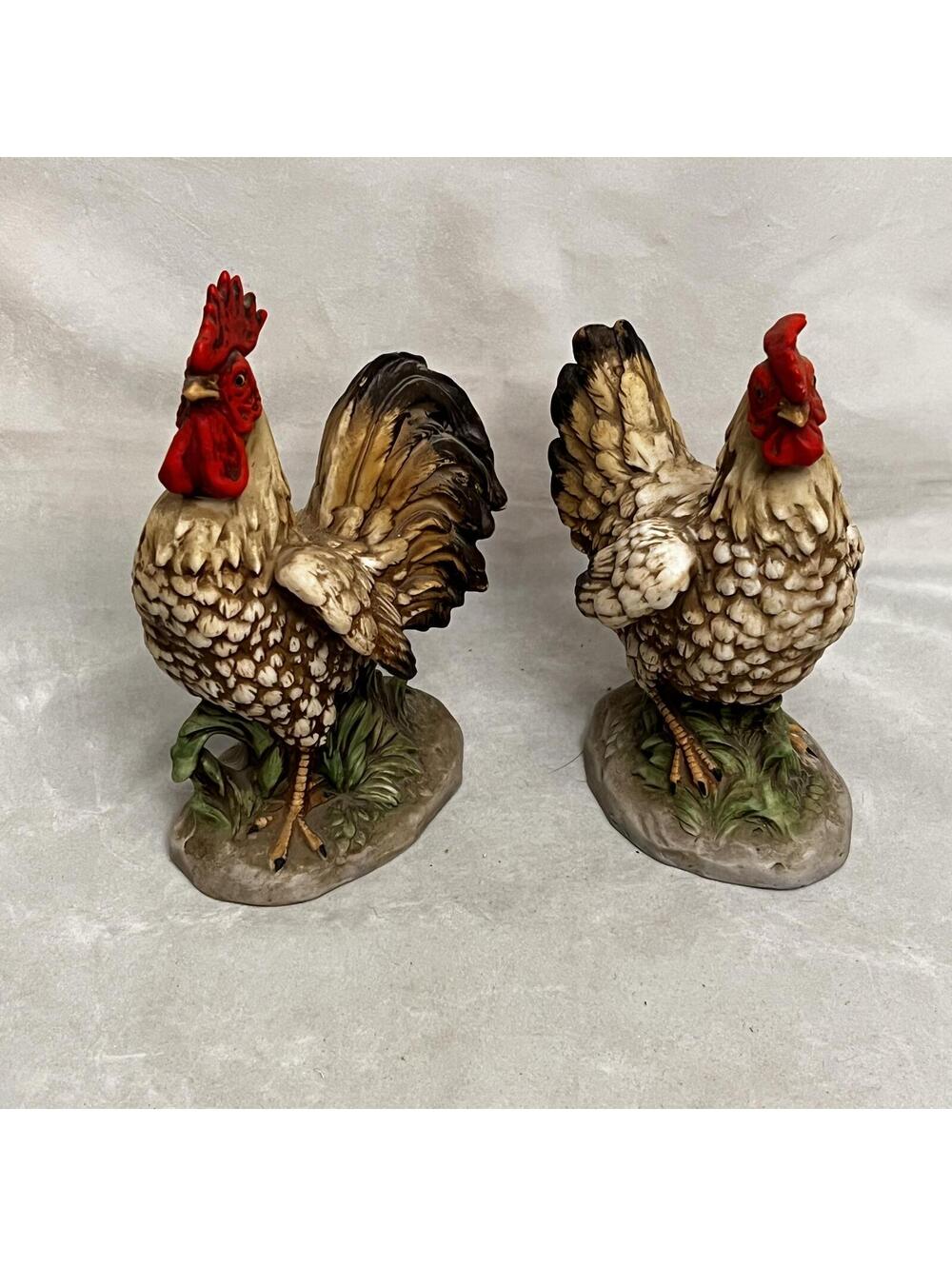 Pair of Ceramic Homco Rooster Figurines on Grass Bases #1446